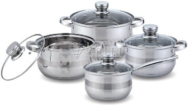 Набор посуды Kelli KL-4213 8 пред. (Ковш с жаропрочной стекл. крышкой 2.1 л. Кастрюля с жаропрочной стекл. крышкой 2.7 л. Кастрюля с жаропрочной стекл. крышкой 3.7 л. Кастрюля с жаропрочной стекл. крышкой 5л. Мерная шкала внутри. 5-слойное капсульное дно.)