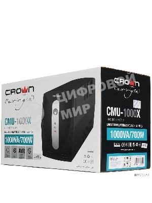 Источник бесперебойного питания Crown CMU-1000X (1000VA/600w; Off-Line; 2 х Euro с резервным питанием и фильтрацией; 12V7AH х 2; Металл)