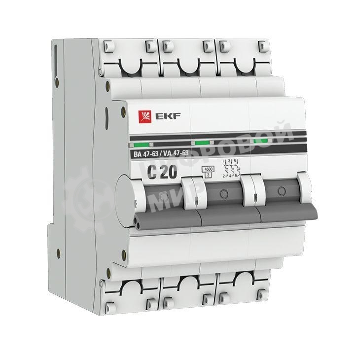 Выключатель автоматический EKF mcb4763-3-20C-pro 3P 20А (C) 4,5kA ВА 47-63 EKF PROxima