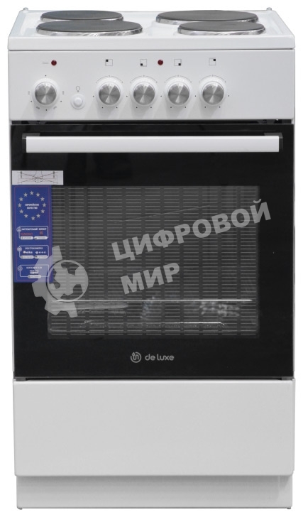 Плита электрическая De Luxe 5004.18э белый, конфорок 4 шт, духовка 43 л, 50 см x 85 см x 50 см