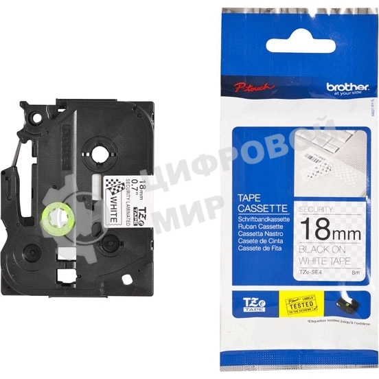 Картридж Brother TZ-ESE4 18 мм, 8 м, черный шрифт, белый фон, с ламинированной пломбировочной лентой, для BROTHER P-Touch