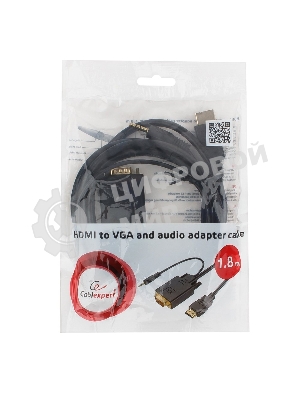 Кабель HDMI->VGA Cablexpert A-HDMI-VGA-03-6, 19M/15M + 3.5Jack, медь, позол.разъемы, 1.8м, черный, пакет