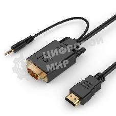 Кабель HDMI->VGA Cablexpert A-HDMI-VGA-03-10, 19M/15M + 3.5Jack, медь, позол.разъемы, 3м, черный, пакет