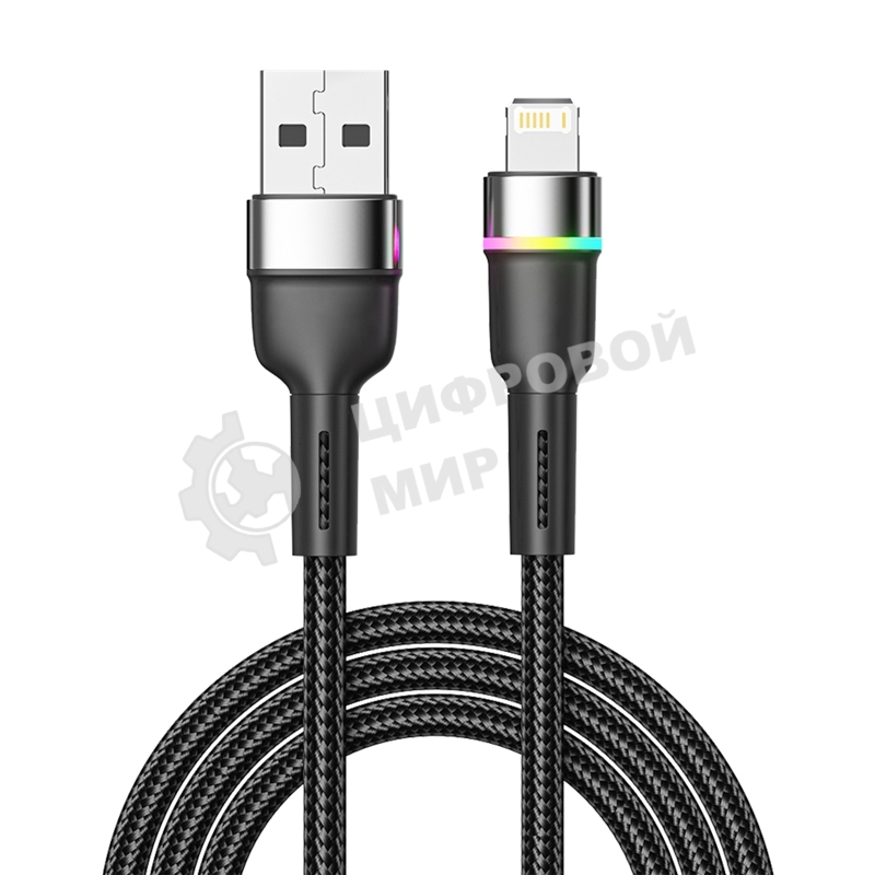 Кабель Rexant USB-A - Lightning для Apple, 2,4А, 1м, в черной нейлоновой оплетке, с LED подсветкой