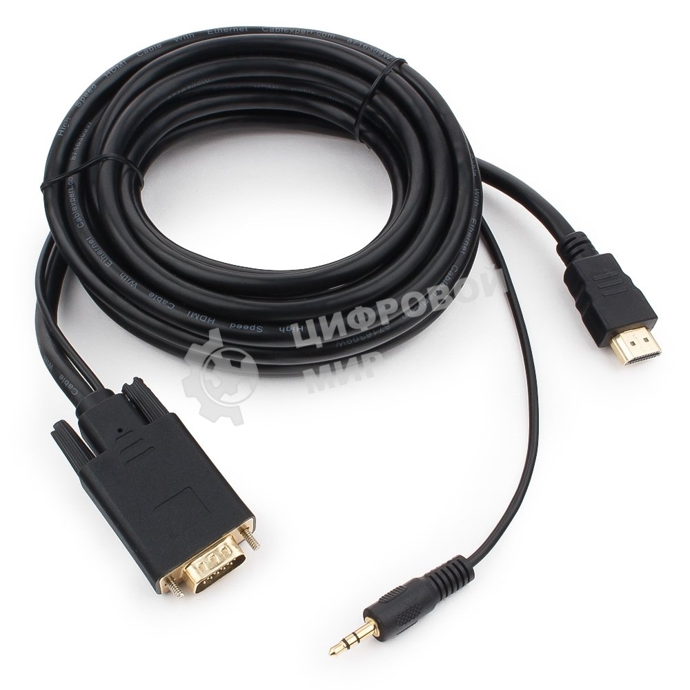 Кабель HDMI->VGA Cablexpert A-HDMI-VGA-03-5M, 19M/15M + 3.5Jack, медь, позол.разъемы, 5м, черный, пакет