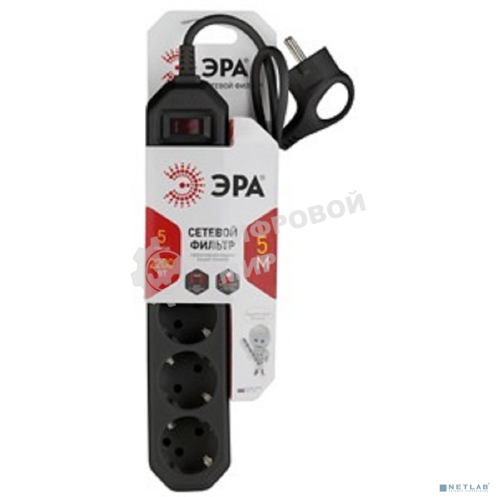 Сетевой фильтр ЭРА USF-5es-5m-B черный с заземл, 3x0,75 мм2, с выкл, 5 гн, 5 м (20/500)