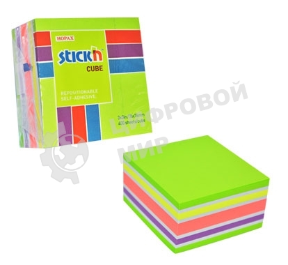 Блок самоклеящийся бумажный Stick`n 21537 76x76 мм, 400 листов, 70 г/м2, неон+пастель, 5 цветов в упаковке