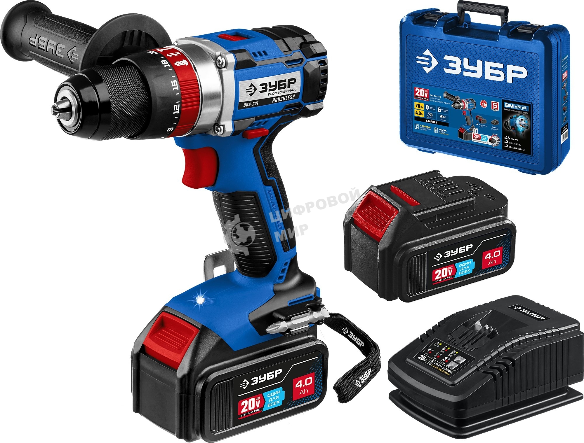 Дрель-шуруповерт Зубр DBS-201-42, 20 В, 4 Ач, 70 Нм, бесщеточный