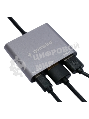 Концентратор USB Type-C Gembird UHB-D2, 3в1: USB3.1, Type-C PD100W, HDMI, кабель 15 см, алюминий