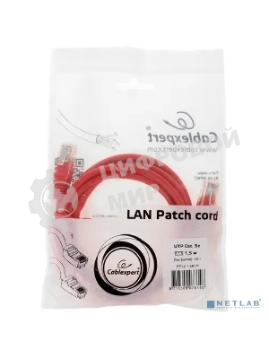 Патч-корд UTP Cablexpert cat.5e, 1.5м, литой, многожильный, красный