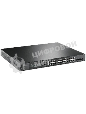Коммутатор TP-Link 24-port Gigabit Managed PoE switch with 4 10G SFP+ ports, support 802.3af/at PoE, 1 console port, 19-inch rack mount, support L2/L2+ features.