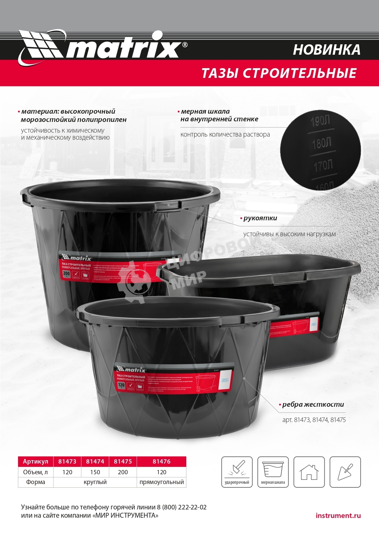 Таз строительный Matrix круглый универсальный, 120л, ударопрочный, с ребрами жесткости