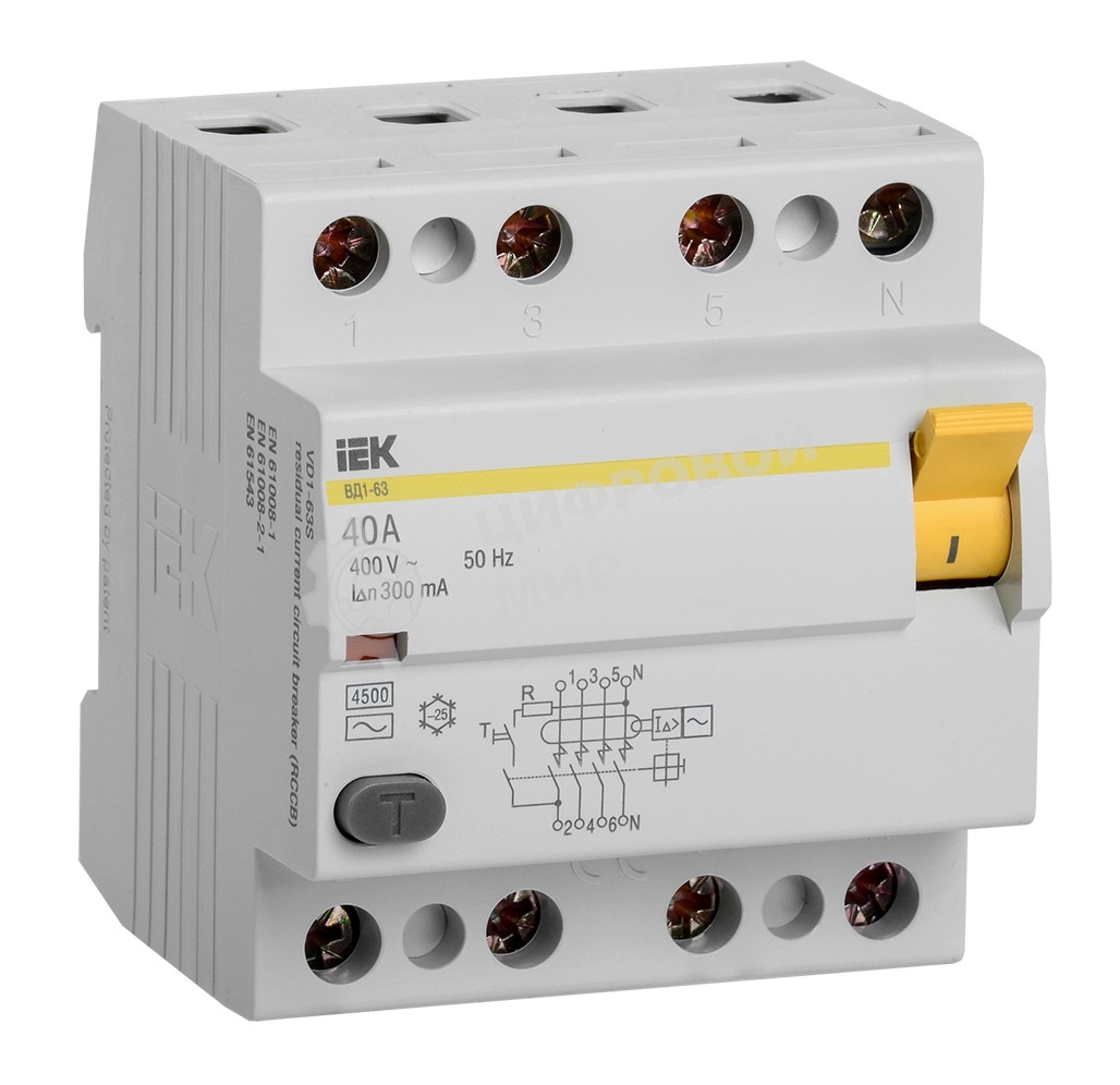 Выключатель дифференциального тока (УЗО) IEK MDV10-4-040-300 УЗО ВД1-63 4Р 40А 300мА IEK