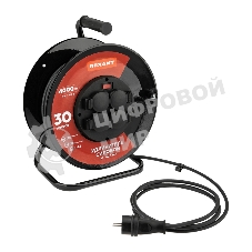 Удлинитель силовой КГ на катушке 4 гнезда Rexant с/з, 30 м, 3х2,5 мм², IP44 с выключателем, c защитными крышками, металлическая катушка