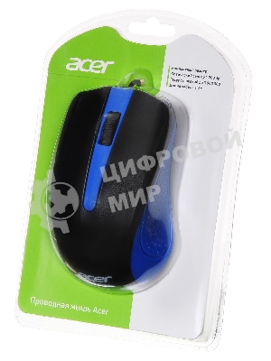 Мышь проводная Acer OMW011 черный/синий, 1200 dpi, USB, кнопки - 3