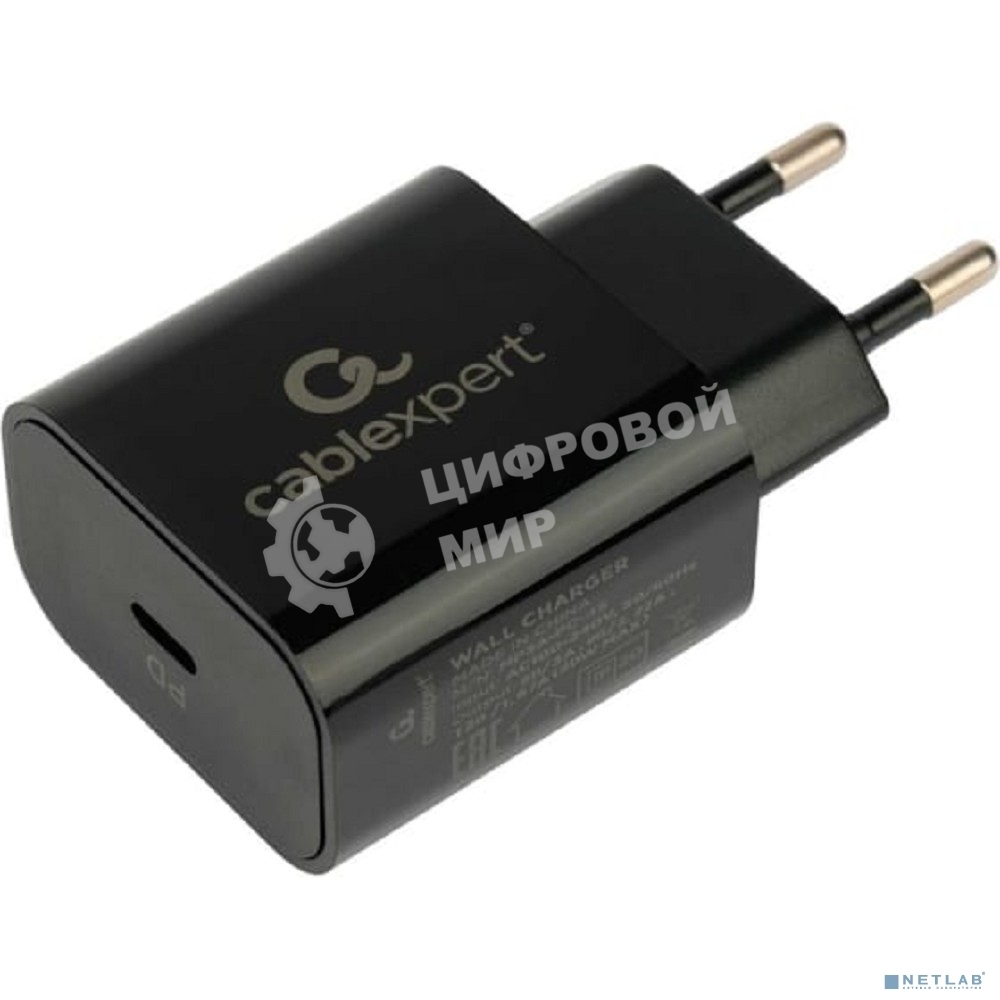 Сетевое зарядное устройство Cablexpert 20Вт, 3А, QC3.0/PD, 1xType-C, черный, пакет