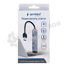 Разветвитель USB3.1 Gembird UHB-C484, 4хUSB, с доп.питанием (порт Type-C), кабель USB 19см, алюминий, коробка