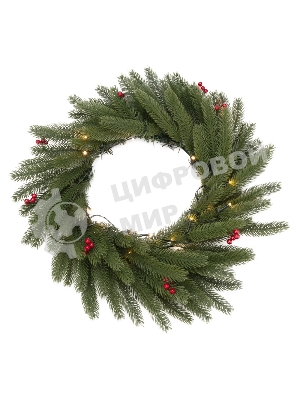 Еловый венок с ягодами и гирляндой Neon-night Ø 45 см, 20 LED, 2 х АА, литой, теплое белое свечение