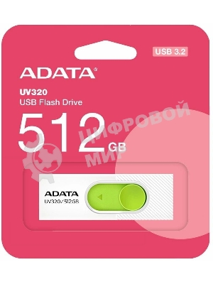 Флешка USB ADATA UV320 (AUV320-512G-RWHGN), 512Gb, USB 3.2 Gen1, R/W 100/30, белый/зеленый