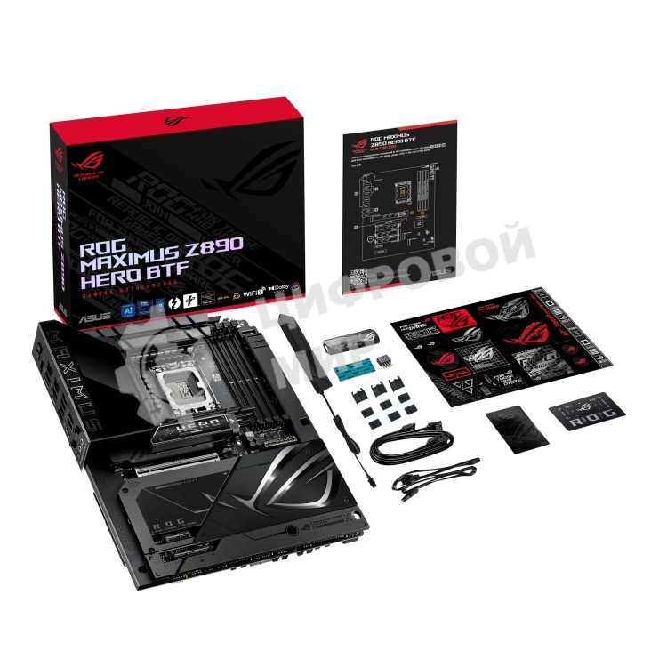 Материнская плата ASUS ROG MAXIMUS Z890 HERO BTF, LGA1851, Intel Z890, 4xDDR5, 4xSATA, 6xM.2, 1xPCIe 5.0 x16, 1xPCIe 4.0 x4, 1xPCIe x1, 1xHDMI, 2xUSB-C (Thunderbolt 4), 1xUSB-C 3.2 Gen 2, 4xUSB-A 3.2 Gen 2, 4xUSB-A 3.2 Gen 1, 2x2.5Gb LAN, Wi-Fi 7, Bluetooth 5.4, 2x3.5 мм, S/PDIF, 7.1, ATX