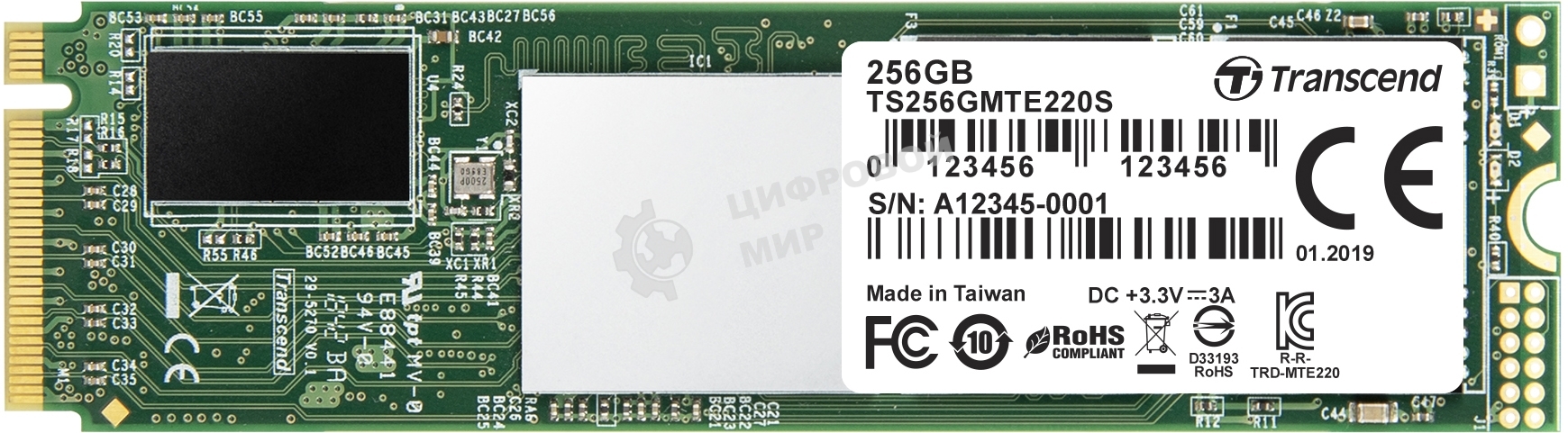 Накопитель SSD Transcend MTE220S SSD 256GB, 3D TLC, M.2 (2280), PCIe Gen 3.0 x4, NVMe, R3300/W1100, TBW 550