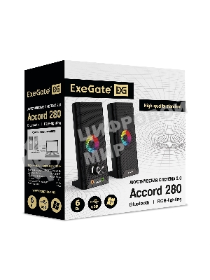 Саундбар-акустическая система 2.0 ExeGate EX289681RUS Accord 280 питание USB, Bluetooth, 2х3Вт (6Вт RMS), 60-20000Гц,черный, RGB подсветка