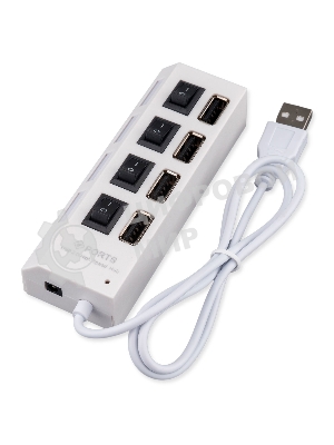 Разветвитель USB2.0 Gembird UHB-243-ADW, 4хUSB, с доп. питанием, подсветка и выключатели, кабель USB 55 см, белый, коробка