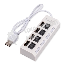 Разветвитель USB2.0 Gembird UHB-243-ADW, 4хUSB, с доп. питанием, подсветка и выключатели, кабель USB 55 см, белый, коробка