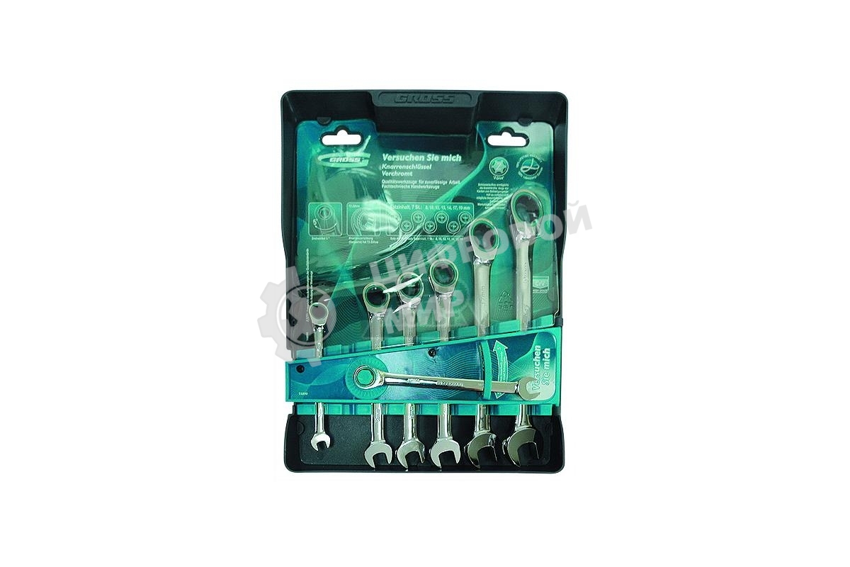 Набор ключей комбинированных Gross 14890 с трещоткой, 8 - 19 мм, 7шт., CrV
