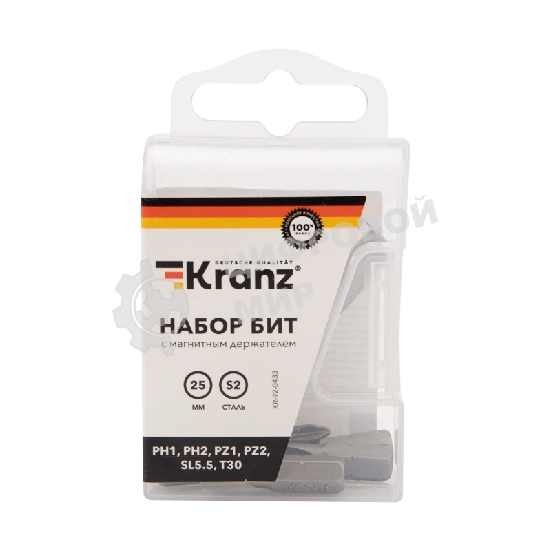 Набор бит Kranz 25 мм PH1, PH2, PZ1, PZ2, SL5.5, T30 с магнитным держателем (7 шт./уп.)
