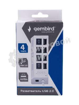 Разветвитель USB2.0 Gembird UHB-243-ADW, 4хUSB, с доп. питанием, подсветка и выключатели, кабель USB 55 см, белый, коробка