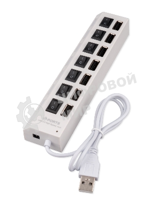 Разветвитель USB2.0 Gembird UHB-U2P7-01W, 7хUSB, с доп. питанием, подсветка и выключатели, кабель USB 55 см, белый, коробка