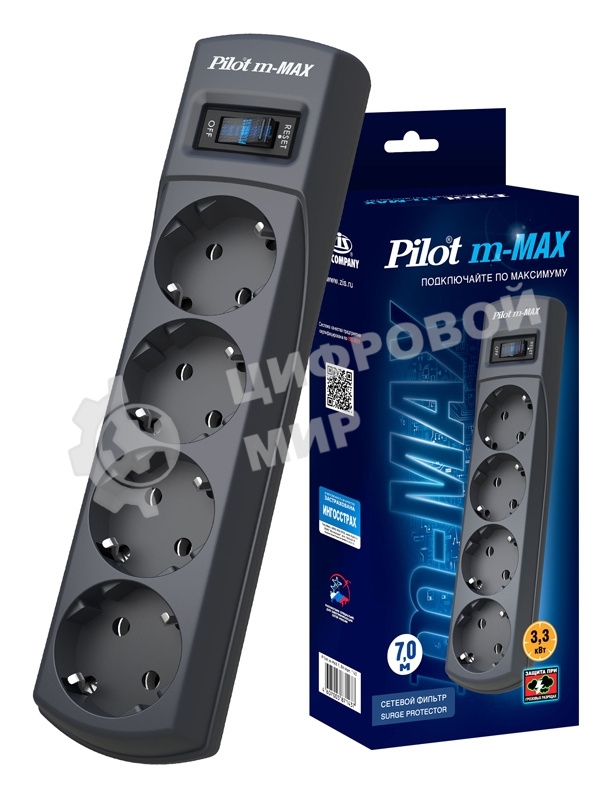 Сетевой фильтр Pilot m-MAX 7 м, 4 розетки, серый, коробка