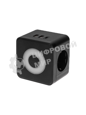 Двойник электрический Rexant Куб 16А с заземлением + 2хUSB-A 2,4А + USB Type-C 3А с ночной подсветкой, черный