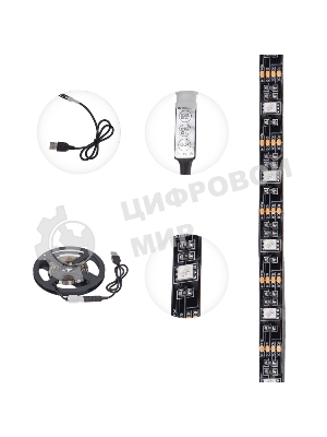 Лента светодиодная 5В, SMD5050, 7,2Вт/м, 30 LED/м, RGb, 10мм, 3м, с USB коннектором, черная, IP20 LAMPER