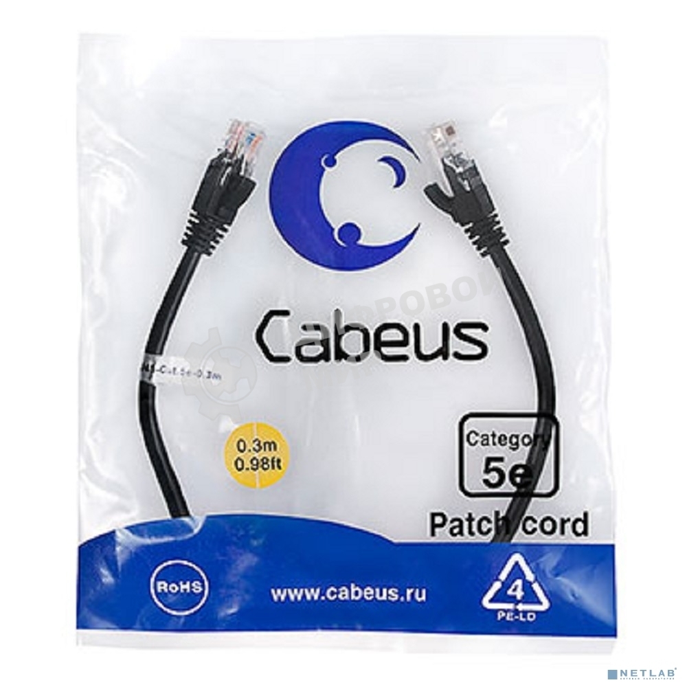 Шнур коммутационный Cabeus, Cat.5e, неэкр., U/UTP, RJ45/RJ45, LSZH, AWG24, 0.3м, черный