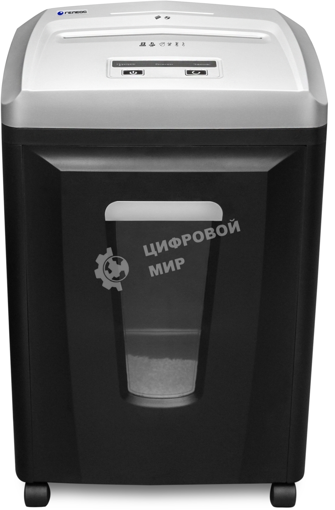 Шредер ГЕЛЕОС УП21-7, DIN P-7 (7 ур-нь секр.), фрагмент 0,8х2мм, 6-7 лист (70г/м2), CD/пл.карты, 23 литра