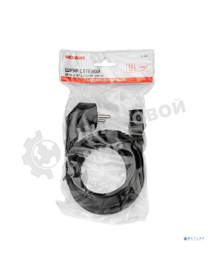 Шнур сетевой Rexant евровилка угловая - евроразъем С13, кабель 3x1,5 мм², длина 1,5 м., черный (PVC пакет)