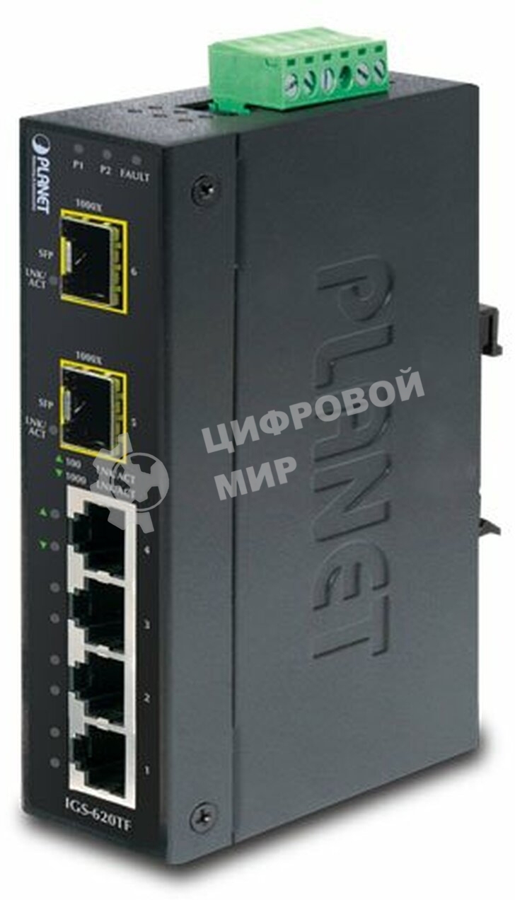 КоммутаторIGS-620TF индустриальный неуправляемыйIP30 Industrial 4-Port 10/100/1000T + 2-Port 100/1000X SFP Gigabit Switch (-40 to 75 degree C)