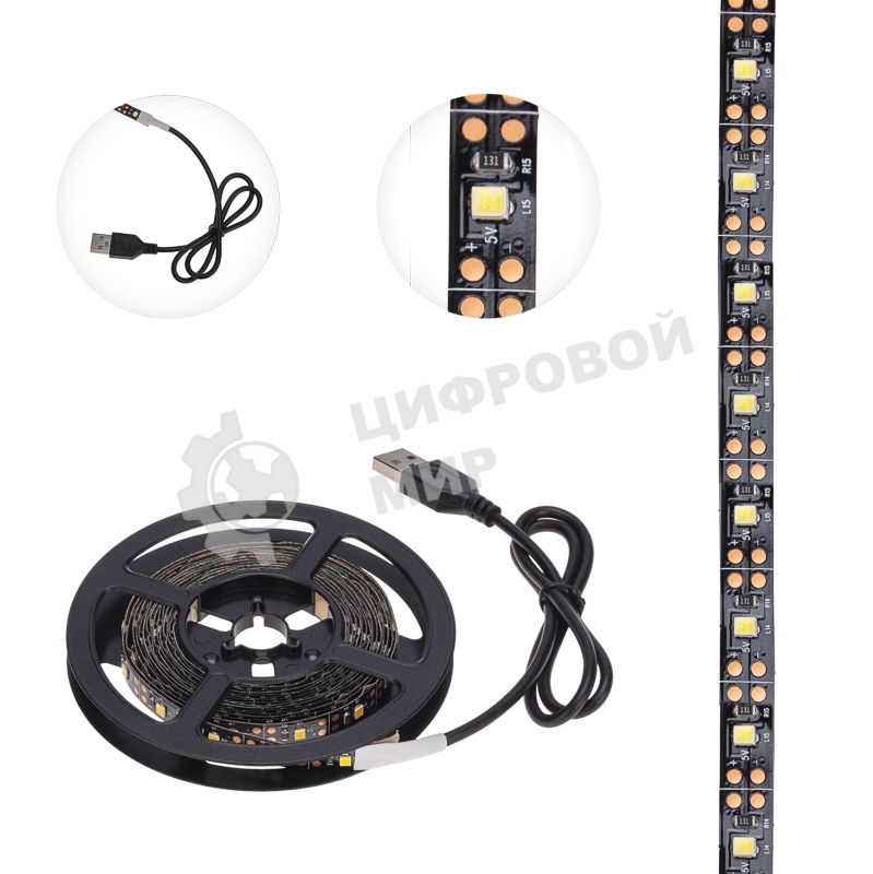Лента светодиодная с USB-коннектором 5 В IP23 SMD 2835 60 LED/м 3 м теплый белый (2700 K) LAMPER