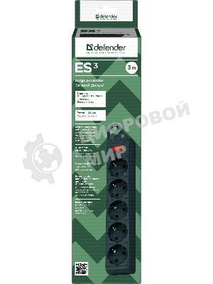 Сетевой фильтр Defender ES, 3.0 м, 5 розеток, черный