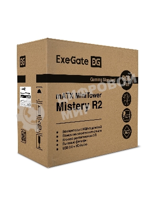 Компьютерный корпус Minitower ExeGate EX294384RUS Mistery R2 (mATX, без БП, 2*USB+1*USB 3.0, аудио, черный, 1 вент. 12см с RGb подсветкой и полоса на передней панели, боковая панель - закаленное стекло)