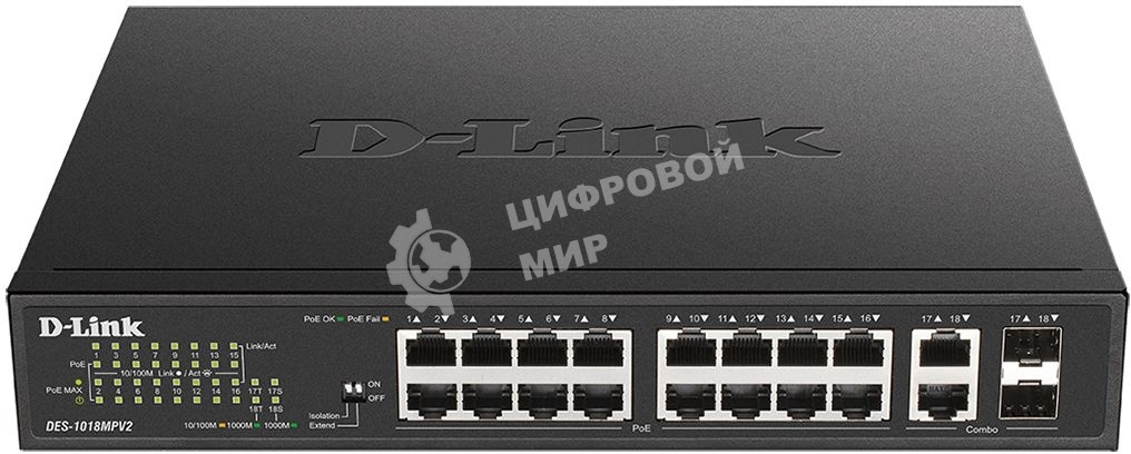 Коммутатор D-Link DES-1018MPV2 16x100Mb 16PoE неуправляемый