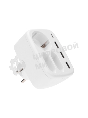 Тройник электрический Rexant 16А + 2х2,5А с заземлением + 3хUSB-A 2,4А + USB Type-C 3А, белый
