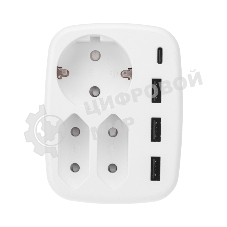Тройник электрический Rexant 16А + 2х2,5А с заземлением + 3хUSB-A 2,4А + USB Type-C 3А, белый