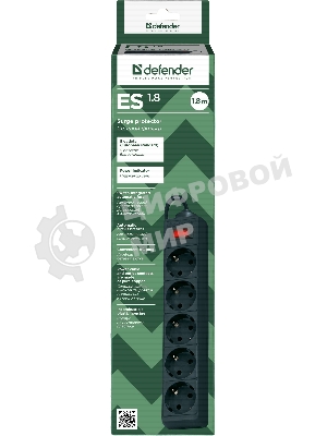 Сетевой фильтр Defender ES, 1.8 м, 5 розеток, черный