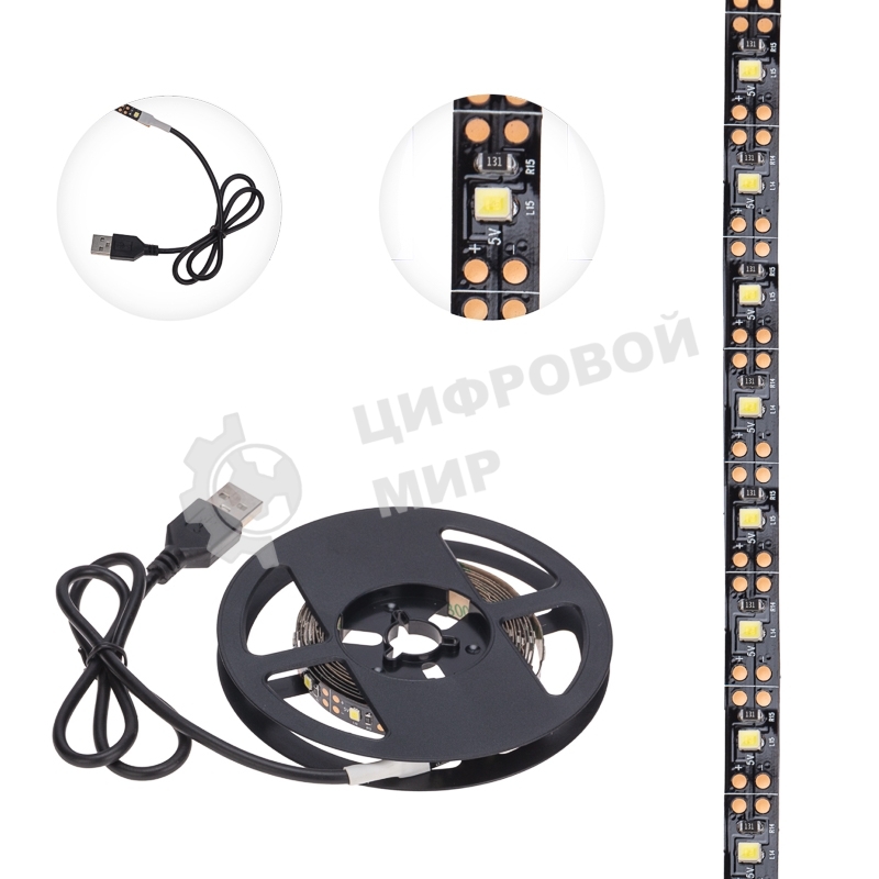 Лента светодиодная с USB-коннектором 5 В IP23 SMD 2835 60 LED/м 2 м белый (6500 K) LAMPER