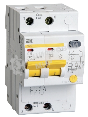 Выключатель автоматический дифференциального тока 2п C 6А 10мА тип AC 4.5кА АД-12 IEK MAD10-2-006-C-010