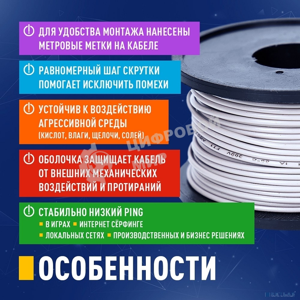 Кабель NEOMAX NM710021-100М-РТ U/UTP cat.5e 4x2x0.52, 24 AWG, медь, внутренний, PVCLS нг(А)-LSLTx, 100м, зеленый