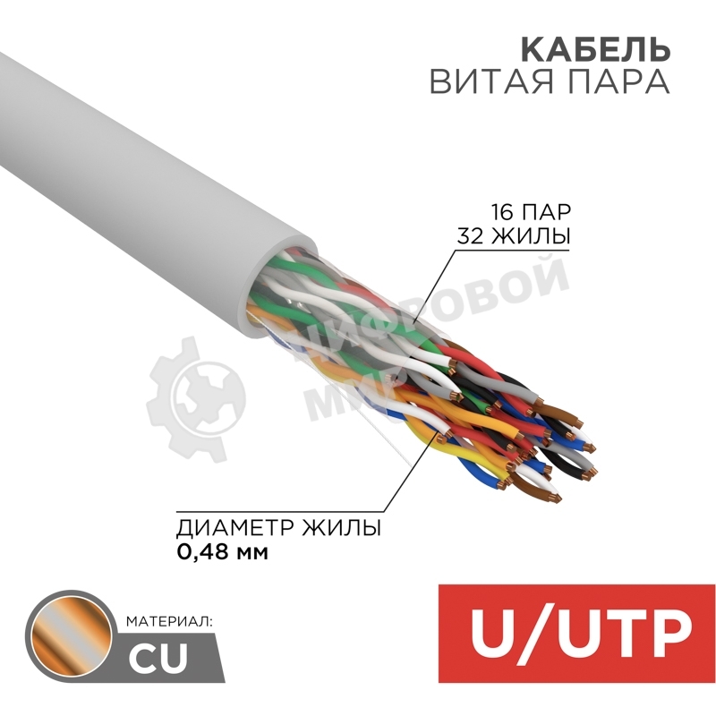 Кабель витая пара Rexant U/UTP, cat.5e, PVC, 16PR, 24AWG, INDOOR, SOLID, серый, 305м